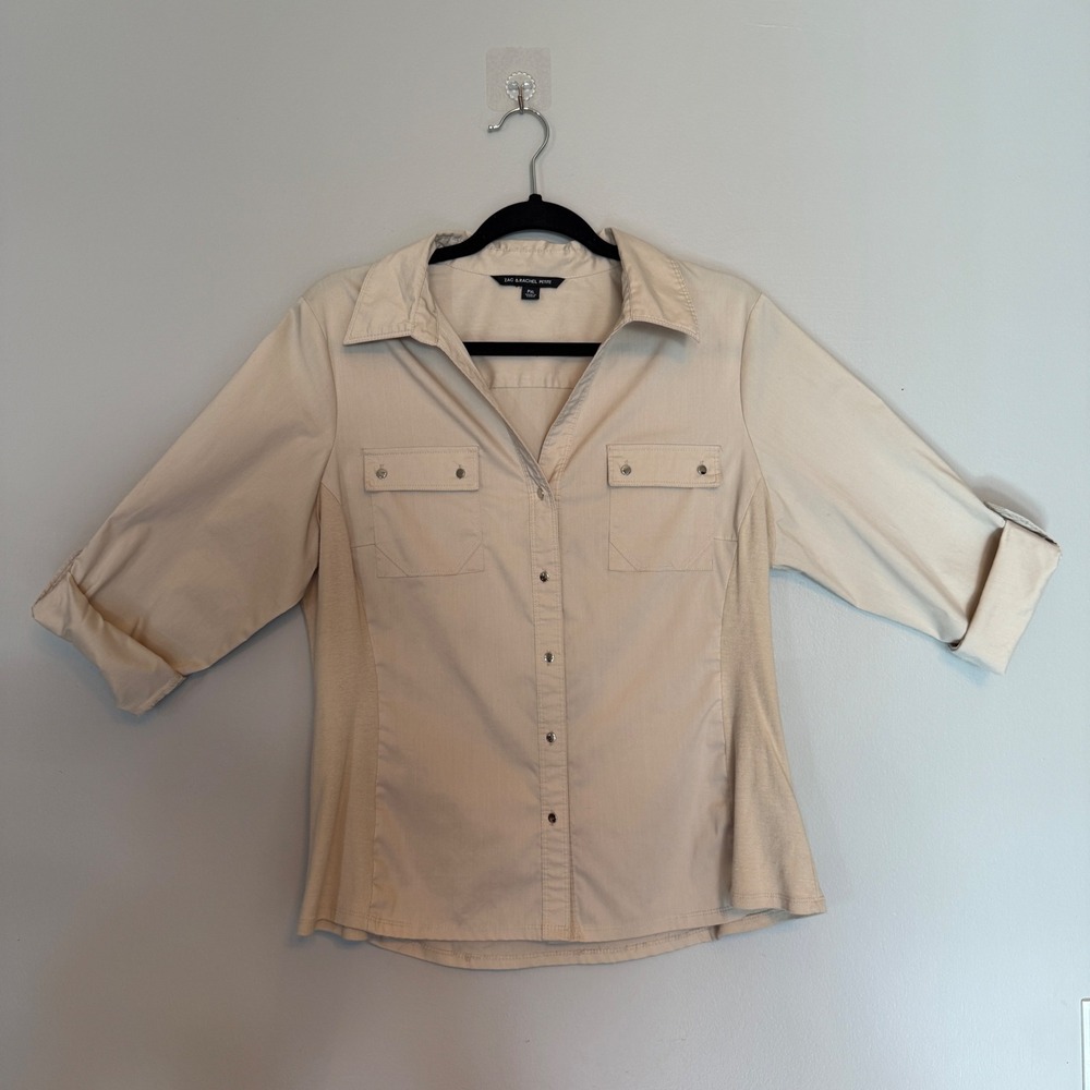ZAC & RACHEL PETITE Khaki Button‎ Down Shirt Roll Tab Sleeve Women's PXL